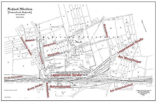 Karte - Kraftwerk Ibbenbüren - Niedersächsische Kraftwerke AG - 1920 mit Bergstraße